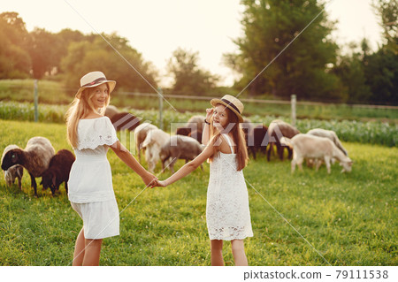 Two cute girls in a field with a goats Two cute girls in a field with a goats 79111538