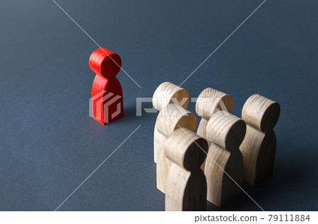 Red man and group of people. Leadership. Recognition of being a leader by team members. Establishing contact. Quantitative superiority. Cooperation against enemy. Dominance and headship, psychology. 79111884