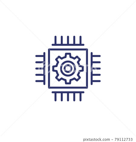 chip, microchip line icon with a gear chip, microchip line icon with a gear 79112733