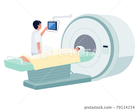 Vector illustration of a male doctor performing a medical device (MRI) examination and a patient lying on the bed Vector illustration of a male doctor performing a medical device (MRI) examination and a patient lying on the bed 79114154