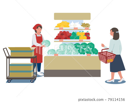 Vector illustration of a clerk who sells cabbage in a supermarket and a female customer who shop at the vegetable counter 79114156