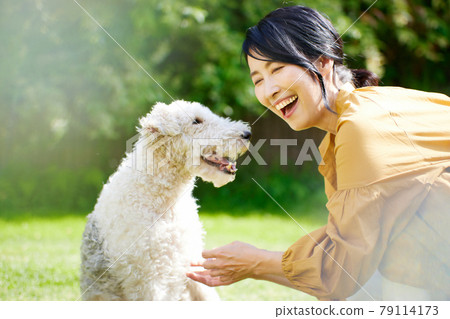 Middle woman playing with her dog in the yard 79114173