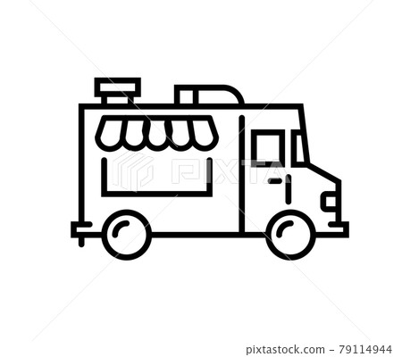 Food truck logo line icon. Vector foodtruck kitchen street van design icon 79114944