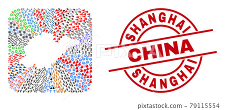 Shanghai China Stamp and Shandong Province Map Stencil Mosaic 79115554