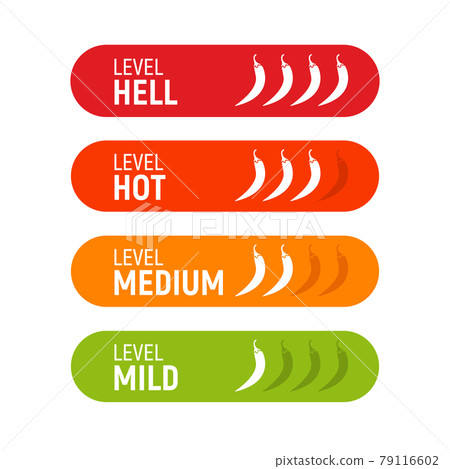 Hot pepper spicy heat level icon. Chili pepper symbol vector scale spice fire logo label Hot pepper spicy heat level icon. Chili pepper symbol vector scale spice fire logo label 79116602