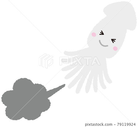 Illustration of a cute squid character spewing ink in a hand-drawn style 79119924