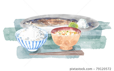 一套秋刀魚、米飯和味噌湯 79120572