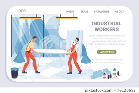 Flat cartoon industrial workers characters at office repair renovation work,landing page vector illustration concept Flat cartoon industrial workers characters at office repair renovation work,landing page vector illustration concept 79120652