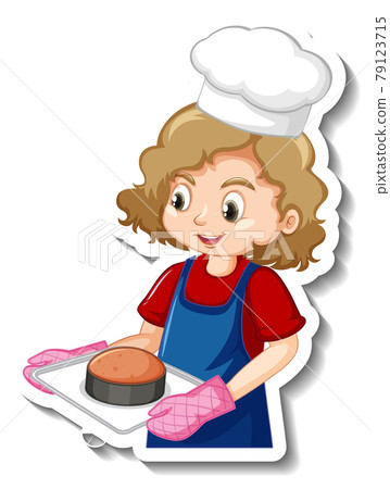Sticker design with baker girl holding baked tray Sticker design with baker girl holding baked tray 79123715