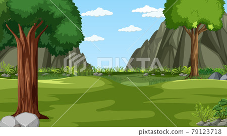 Blank meadow landscape scene with many trees and cliff background Blank meadow landscape scene with many trees and cliff background 79123718