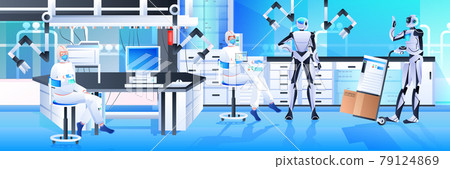 robots with scientists in protective suits making experiments in lab genetic engineering artificial intelligence concept robots with scientists in protective suits making experiments in lab genetic engineering artificial intelligence concept 79124869