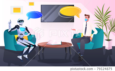 businessman in mask and robot discussing during meeting partnership chat bubble communication artificial intelligence businessman in mask and robot discussing during meeting partnership chat bubble communication artificial intelligence 79124875