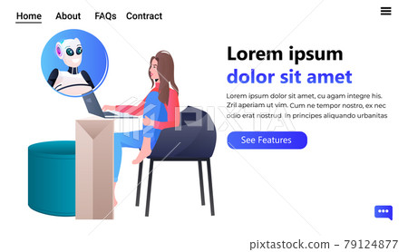 woman discussing with chatbot robot artificial intelligence technology concept full length horizontal woman discussing with chatbot robot artificial intelligence technology concept full length horizontal 79124877