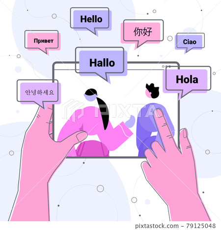 people using translation application multilingual greeting international online communication concept 79125048