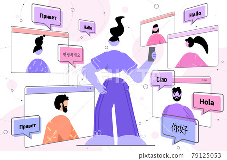 people using mobile translation application multilingual greeting international online communication 79125053
