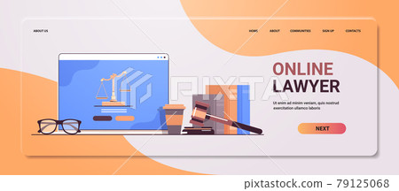 law and justice concept gavel judge books and scales on laptop screen online lawyer legal advice 79125068