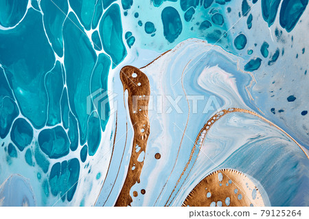 Acrylic Fluid Art. Liquid gold on blue waves and spots. Abstract marble background or texture Acrylic Fluid Art. Liquid gold on blue waves and spots. Abstract marble background or texture 79125264