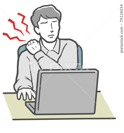 A young man with stiff shoulders working on a computer A young man with stiff shoulders working on a computer 79126034