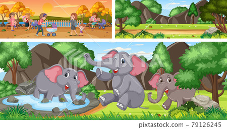 Set of outdoor panoramic landscape with cartoon character Set of outdoor panoramic landscape with cartoon character 79126245