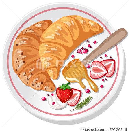 Croissant with strawberry and cream topping on a plate isolated Croissant with strawberry and cream topping on a plate isolated 79126246