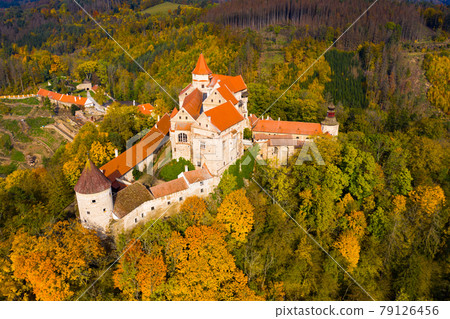 Above view of medieval castle Pernstein. South Moravian region. Czech Republic 79126456