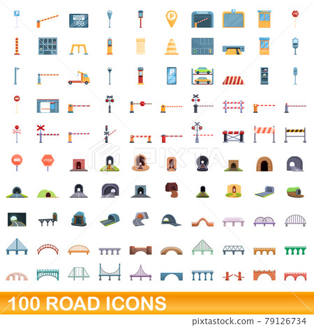 100 road icons set, cartoon style 79126734