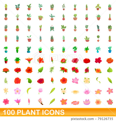 100 plant icons set, cartoon style 79126735