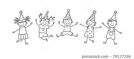A group of happy jumping kids at a birthday party. Children in festive hats jump on a fun holiday. Hand drawn children drawing. Vector illustration isolated in doodle style on white background 79127286