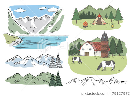 Mountain landscape various pen drawings Mountain landscape various pen drawings 79127972