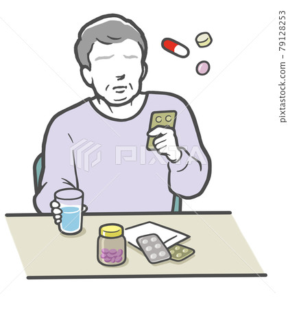 Middle-aged man wondering which medicine to choose Middle-aged man wondering which medicine to choose 79128253