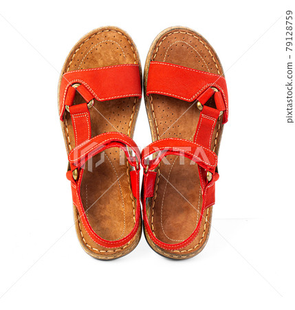 Red leather summer  sandal isolated 79128759