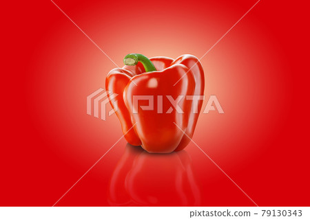 Fresh, red, bell pepper or bulgarian pepper on a red background with copy space for text or images, mirror surface. Advertising concept. Close-up. 79130343