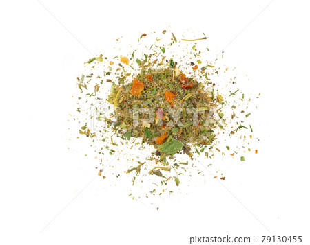 Some chopped, mixed herbs isolated on white background with copy space for text, images. Spices. Packaging concept. Close-up, top view. 79130455