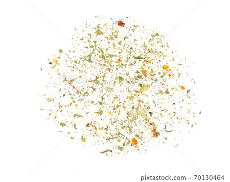 Some chopped, mixed herbs isolated on white background with copy space for text, images. Spices. Packaging concept. Close-up, top view. Some chopped, mixed herbs isolated on white background with copy space for text, images. Spices. Packaging concept. Close-up, top view. 79130464