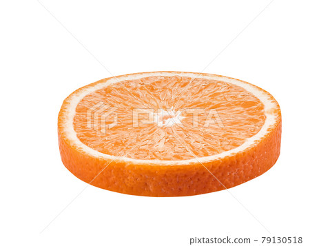 Round slice of a ripe orange isolated on white background with copy space for text or images. Fruit with juicy flesh. Side view. Close-up shot. 79130518