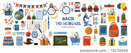 Back to school. Big vector set. Stationery for school, university and office. Cartoon school supplies. A set of colored icons. Flat illustrations for elementary school. Bright cut out cliparts 79130840