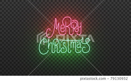 Merry Christmas lettering neon sign. Bright glowing typography for Christmas celebration Merry Christmas lettering neon sign. Bright glowing typography for Christmas celebration 79130932