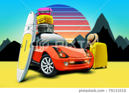 Orange car with surfboard, multicolored suitcases on roof, against sun and mountains on blue background. Collage. Copy space, close-up. 79131018