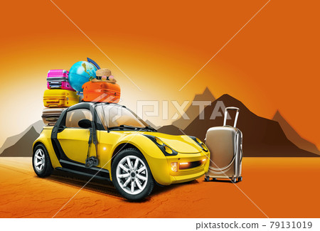 Yellow car with globe, hat, sunglasses, camera, multicolored suitcases on roof, mountains, orange background. Collage. Copy space, close-up. 79131019