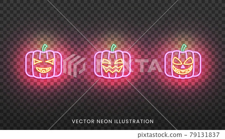 Halloween pumpkins neon sign. Set of bright Jack O Lantern for Halloween Halloween pumpkins neon sign. Set of bright Jack O Lantern for Halloween 79131837