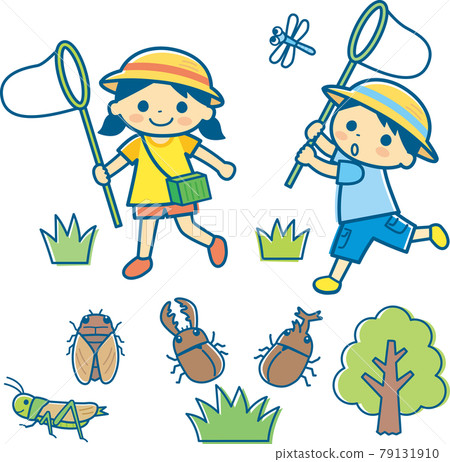 捕捉昆蟲的孩子的插圖_line Yes Navy 79131910