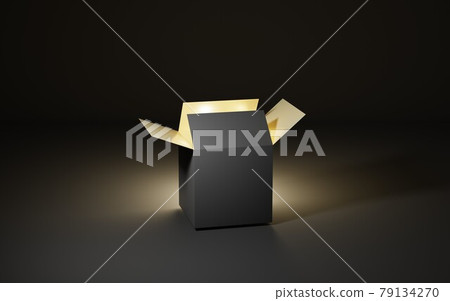 Gift box with gold light on dark background, magic container opens, surprise idea, prize drawing, holiday secret christmas or birthday present, packaging mockup, black friday sale, 3d illustration 79134270