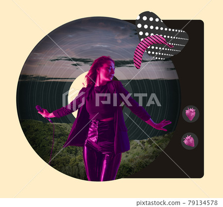 Contemporary art collage. Inspiration, idea, trendy urban magazine style. Young female singer isolated over black vinyl plate background. Music, dance party concept 79134578