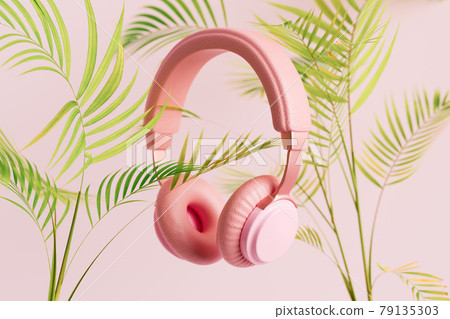 Pink headphones with plants 3D illustration Pink headphones with plants 3D illustration 79135303