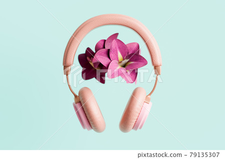 Pink headphones with flowers 3D illustration Pink headphones with flowers 3D illustration 79135307