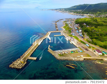 Aerial view of Osawa fishing port in Matsumae-cho, Hokkaido in early summer Aerial view of Osawa fishing port in Matsumae-cho, Hokkaido in early summer 79135472