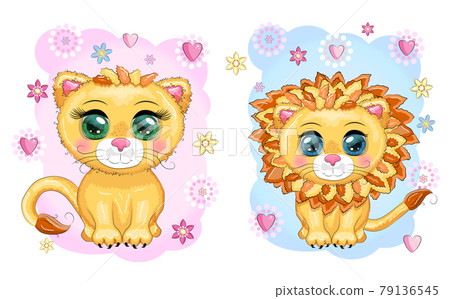 Cartoon lion with expressive eyes. Wild animals, character, childish cute style 79136545