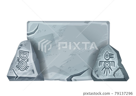 Stone sign board, vector Aztec carton rock game block, gray cracked panel, Maya tribal symbol 79137296
