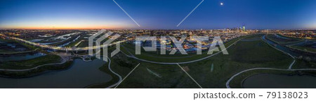 Panoramic aerial drone picture of Dallas skyline and Trammel Crow Park at sunset in winter Panoramic aerial drone picture of Dallas skyline and Trammel Crow Park at sunset in winter 79138023