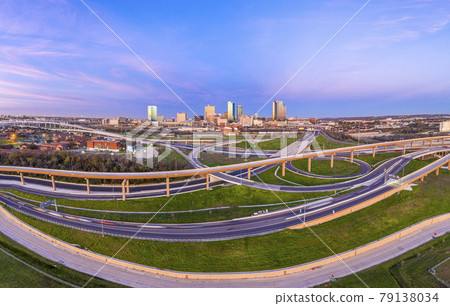 Aerial panorama picture of the Fort Worth skyline at sunrise with highway intersection in Texas Aerial panorama picture of the Fort Worth skyline at sunrise with highway intersection in Texas 79138034